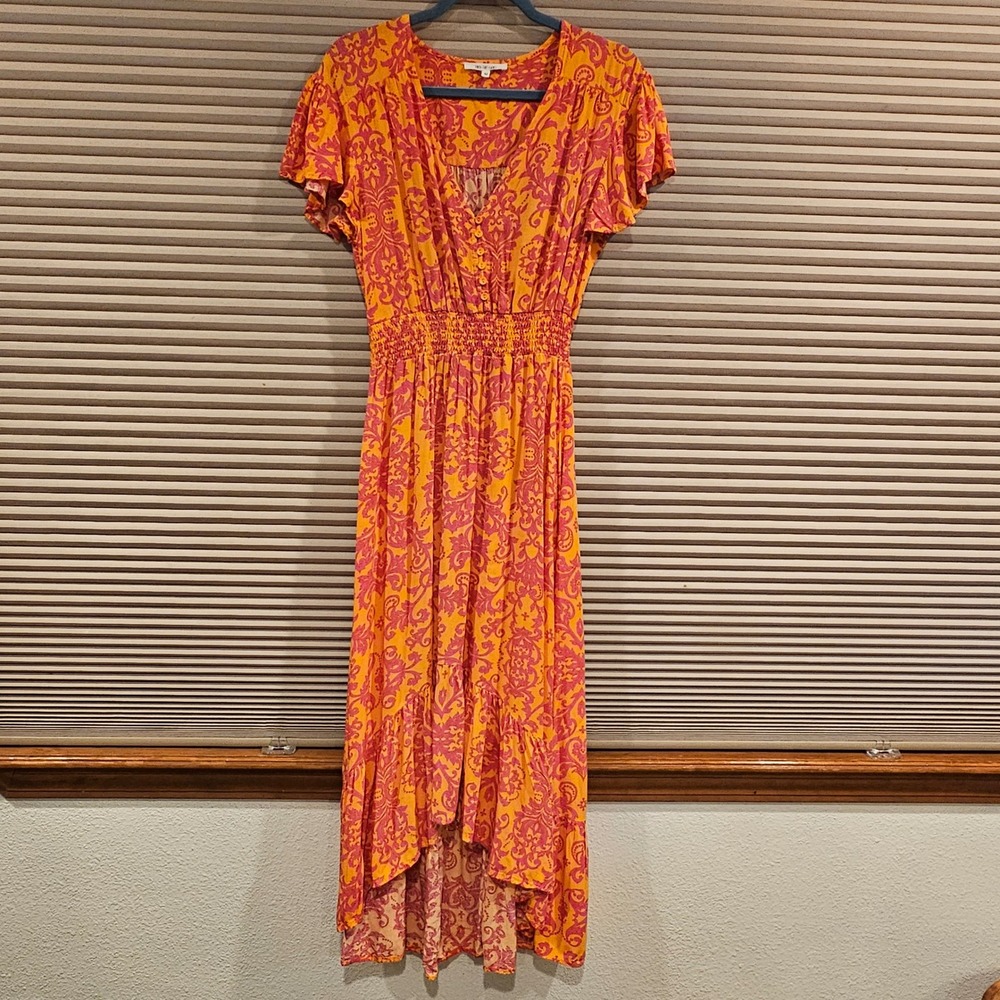 Abel The Label Orange Pink Damask High Low Midi Dress ATL10013-32 Womens Medium